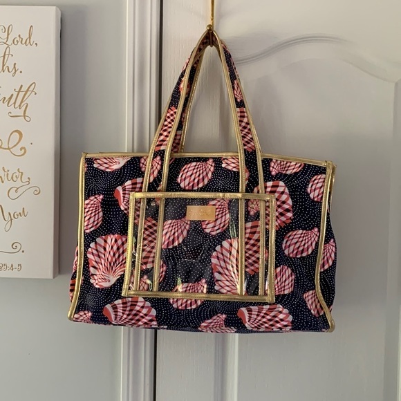 Lilly Pulitzer Seashell Print Tote navy pink resort‎ bag beach vacation travel - Picture 1 of 16